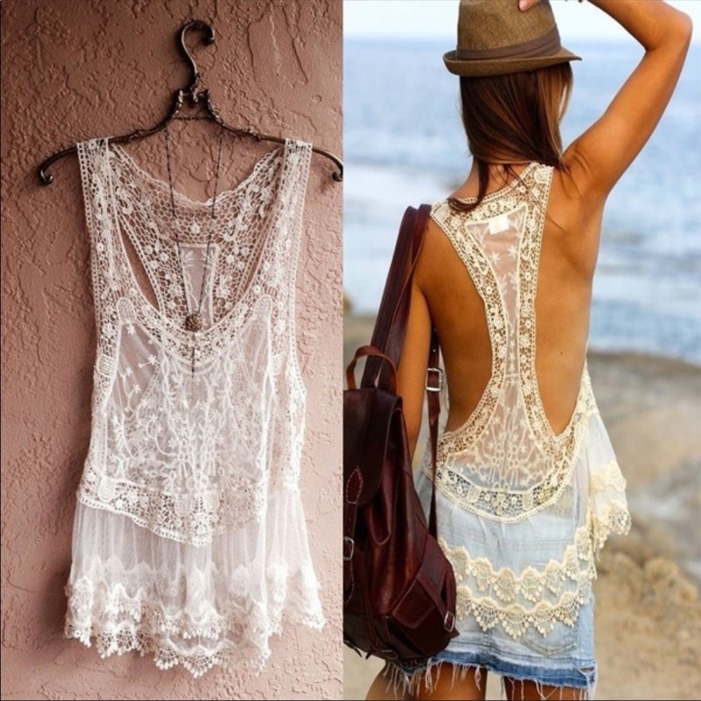 Boho Crochet Lace Bikini Cover Up In Ivory - Picture 2 of 6